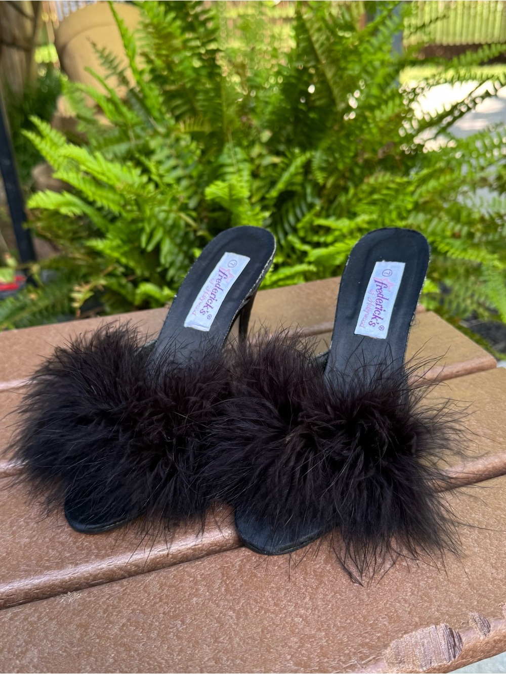 Frederick's of Hollywood Black Feather Slide Heels - Picture 2 of 5